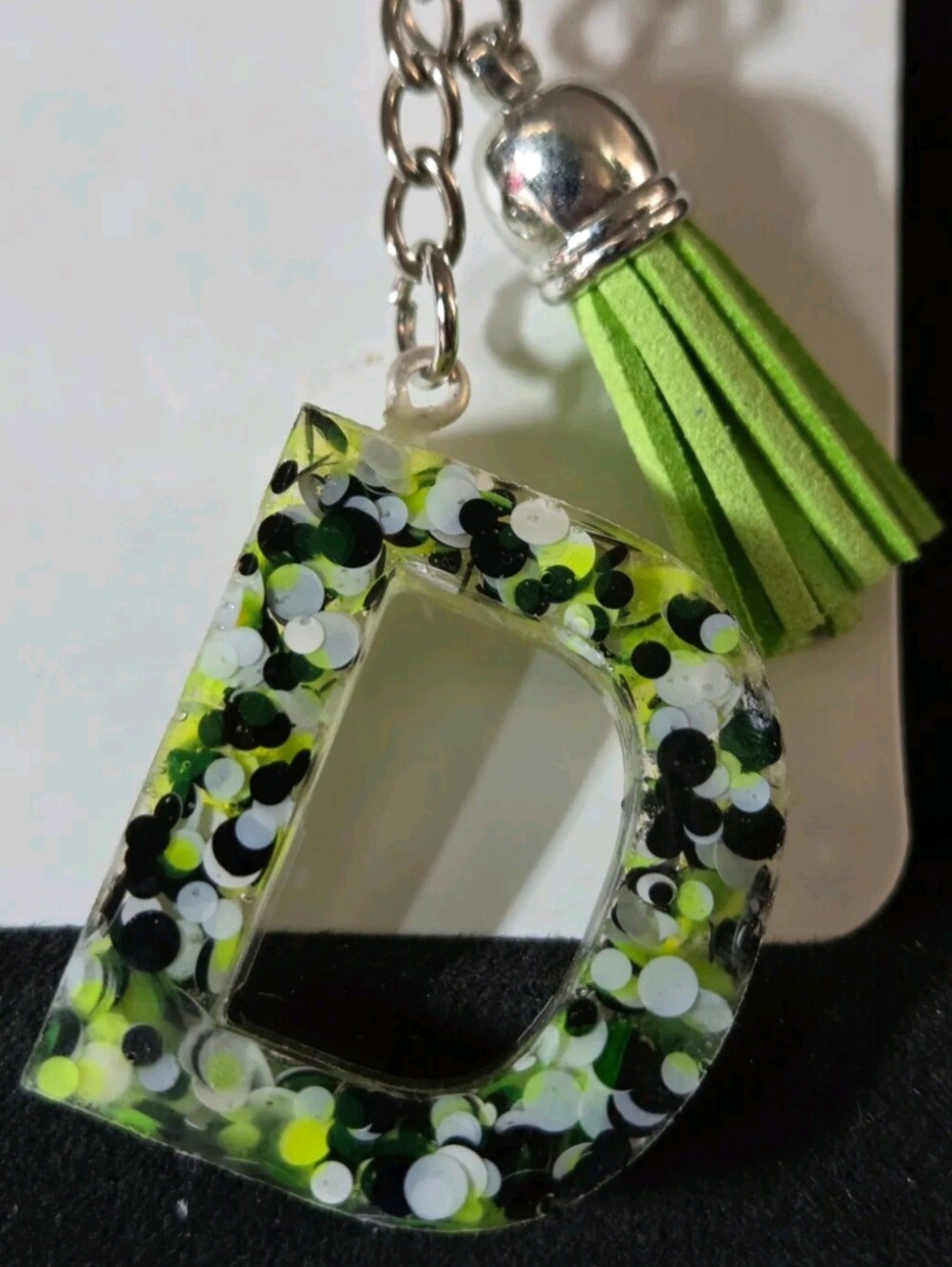 Letter D Resin Keychain with Lime Green Tassel and Confetti